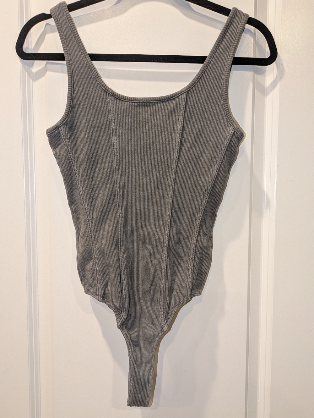 AGOLDE Elna Ribbed Bodysuit XS Gray Scoop Neck Corset Seam Snap Minimalist